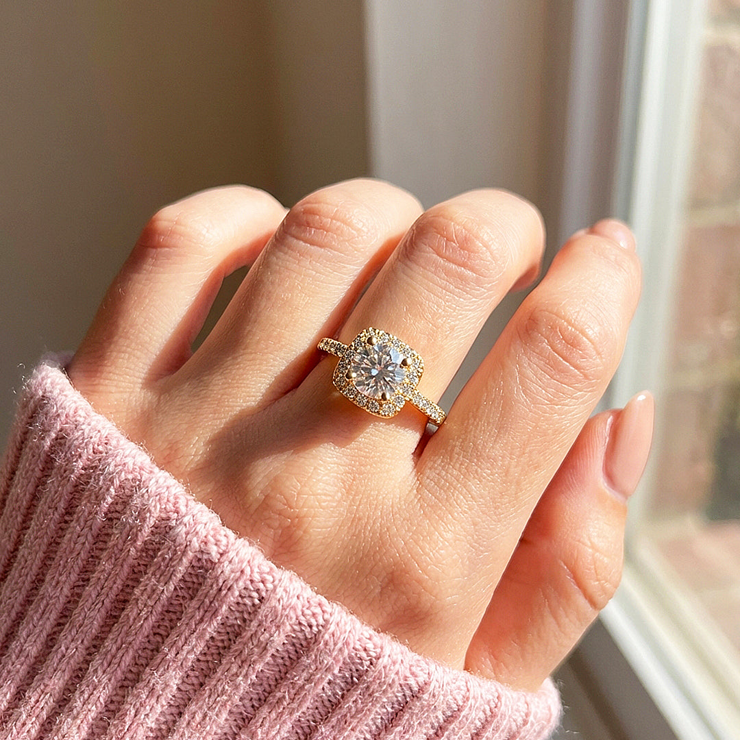 Cushion Halo Moissanite Gold Ring | 925 Sterling Silver | PRM7173
