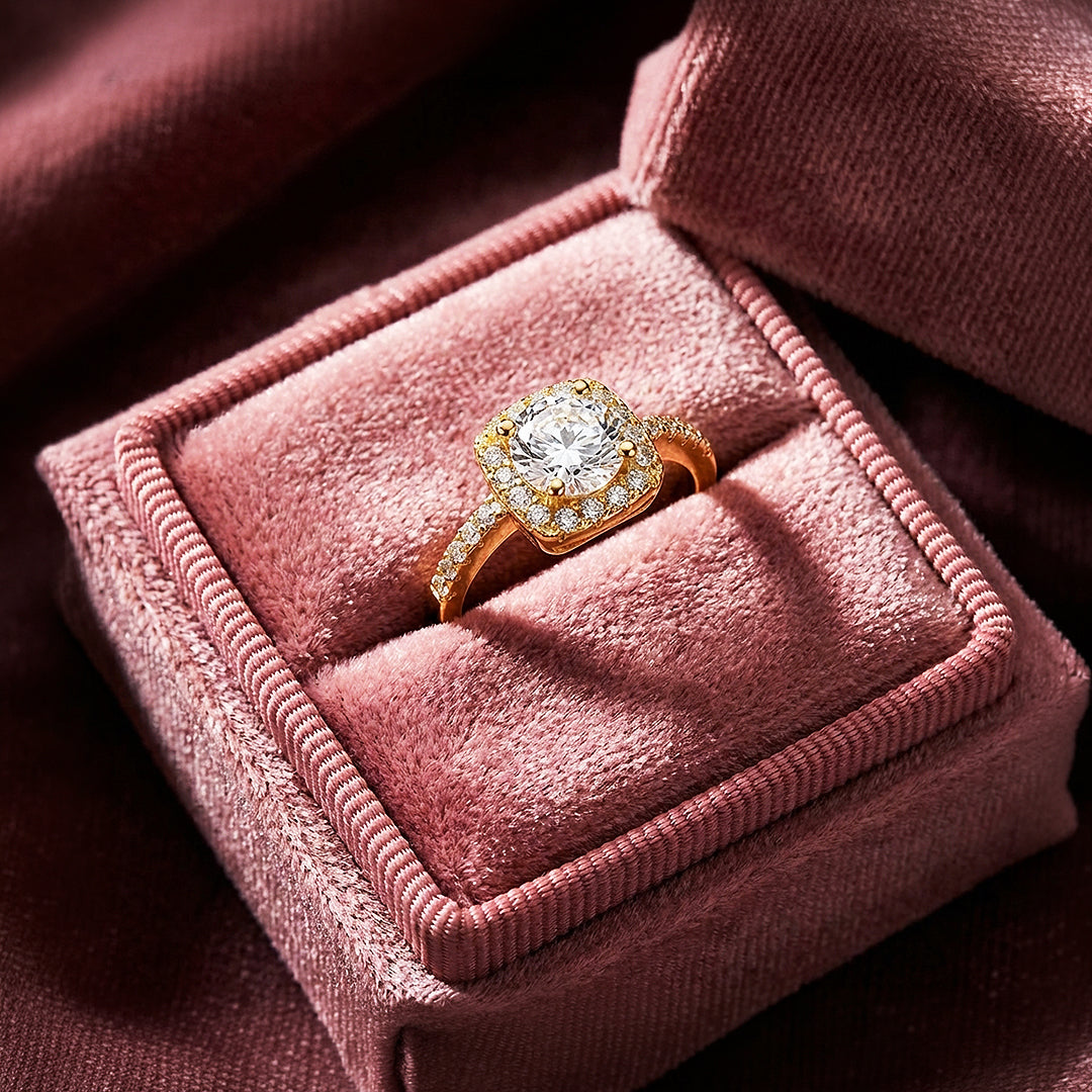Cushion Halo Moissanite Gold Ring | 925 Sterling Silver | PRM7173