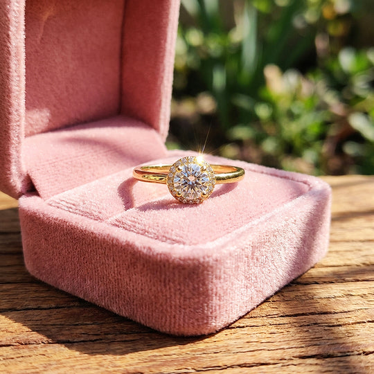 Round Halo Moissanite Solitaire Gold Ring | 925 Sterling Silver | PRM7180