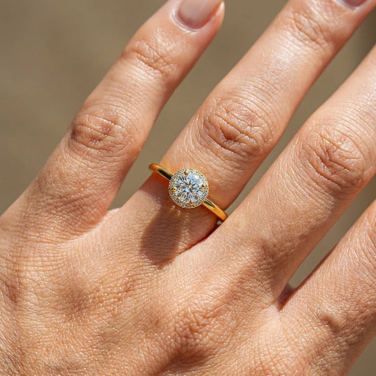 Round Halo Moissanite Solitaire Gold Ring | 925 Sterling Silver | PRM7180