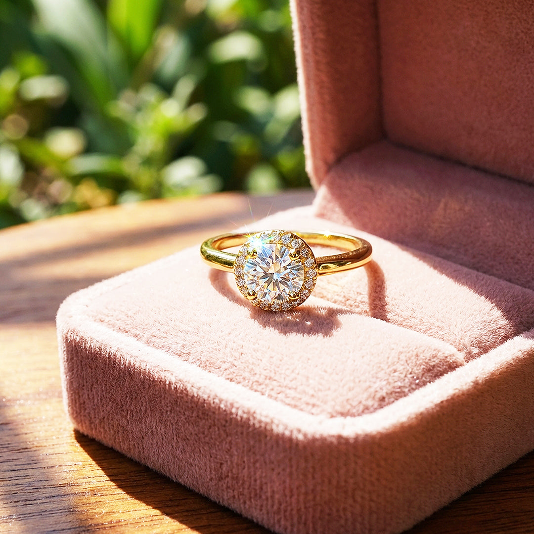 Round Halo Moissanite Solitaire Gold Ring | 925 Sterling Silver | PRM7180