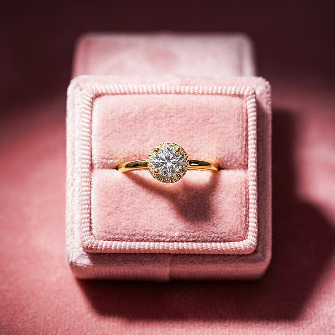 Round Halo Moissanite Solitaire Gold Ring | 925 Sterling Silver | PRM7180