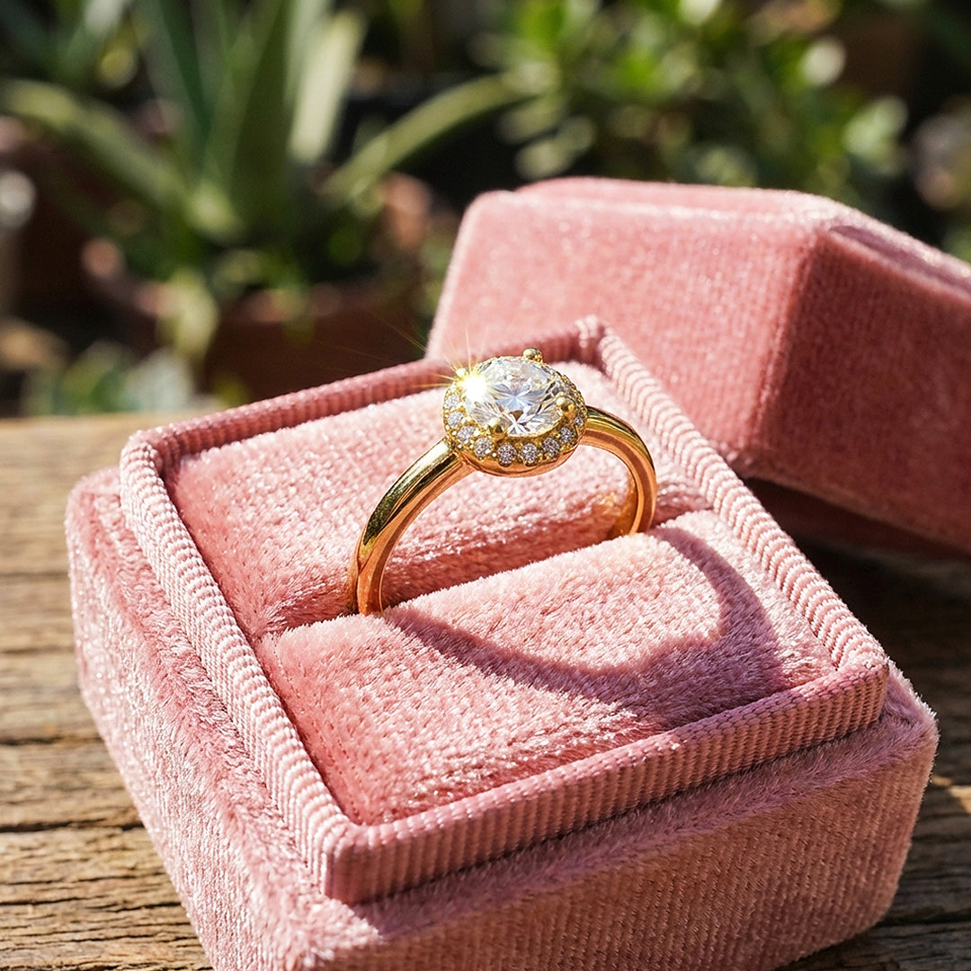 Round Halo Moissanite Solitaire Gold Ring | 925 Sterling Silver | PRM7180