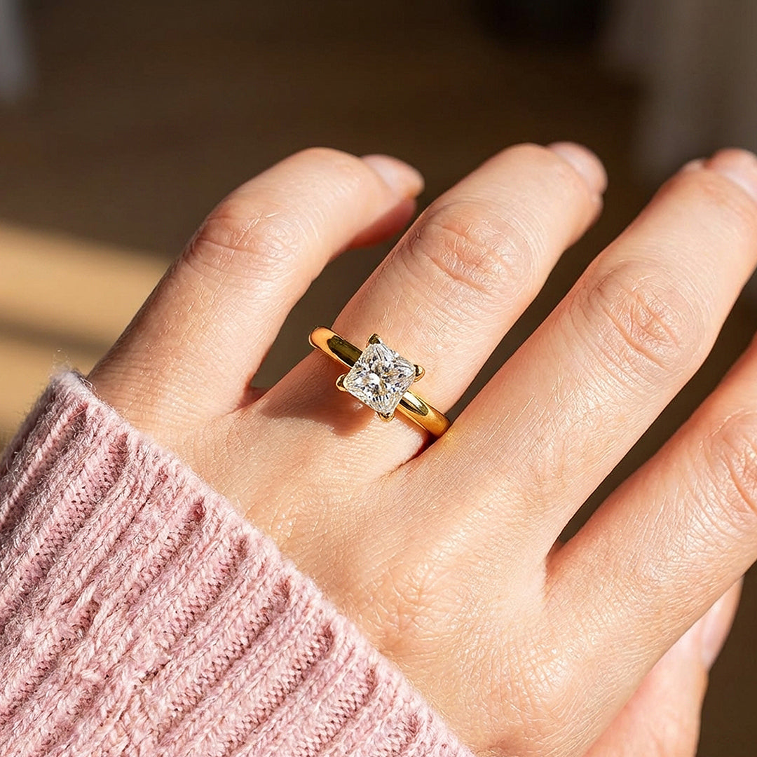 Princess Cut Moissanite Solitaire Gold Ring | 925 Sterling Silver | PRM7183