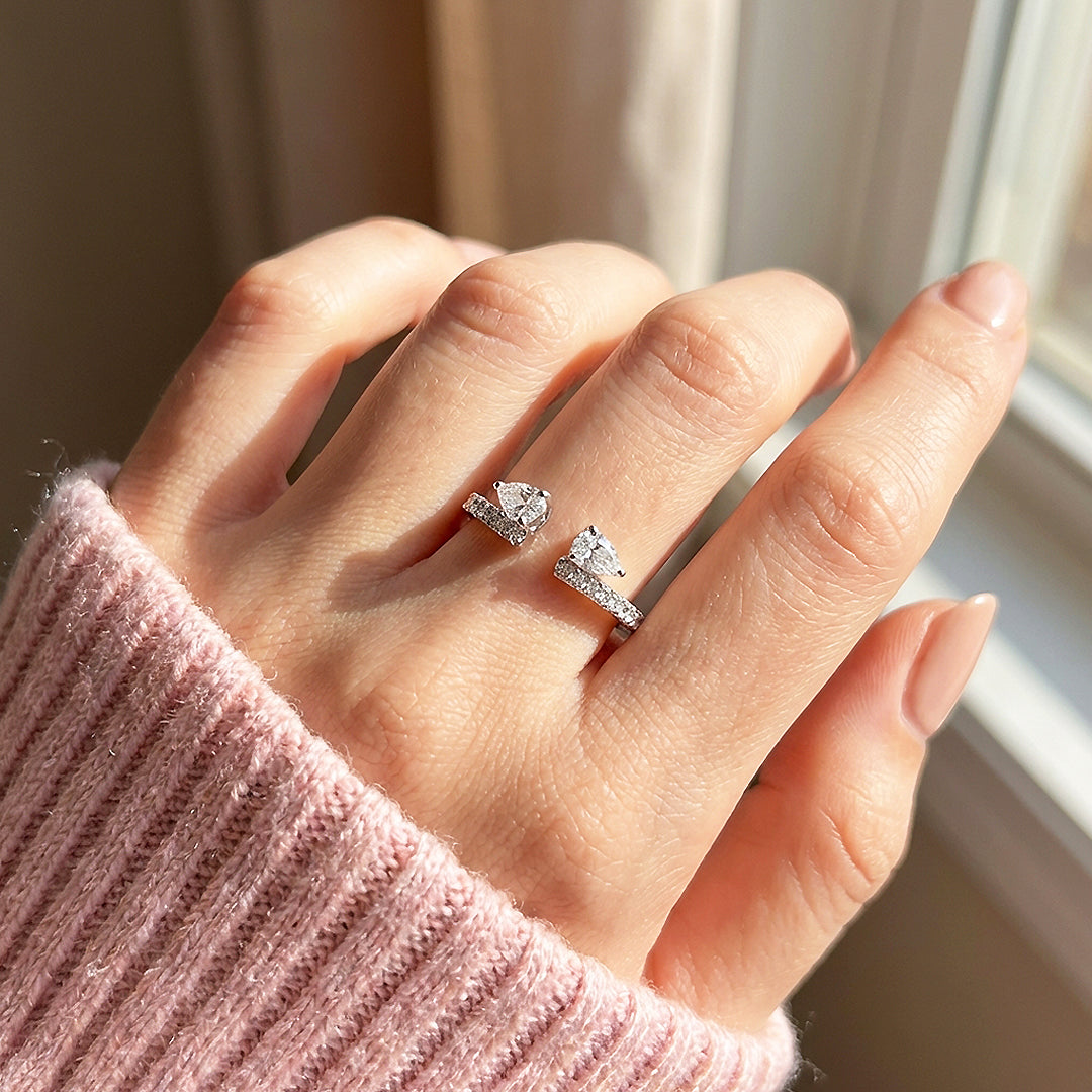 Dual Pear Open Cuff Moissanite Ring | 925 Sterling Silver | PRM7186
