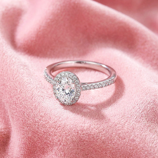 Oval Halo Moissanite Engagement Ring | 925 Sterling Silver | PRM7194