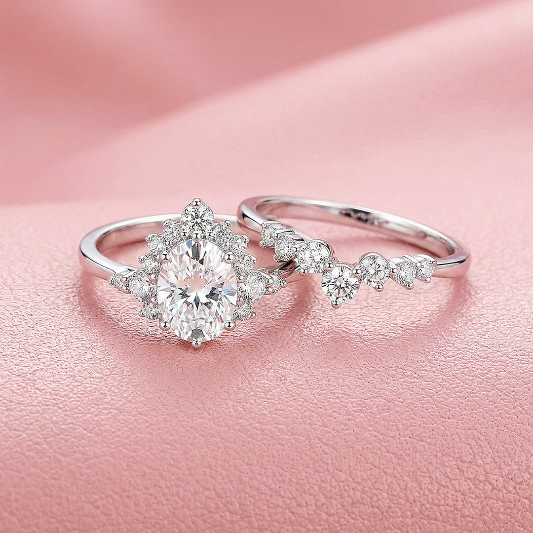 Pear-Halo Moissanite Engagement Ring Set of 2 | 925 Silver | PRM7200