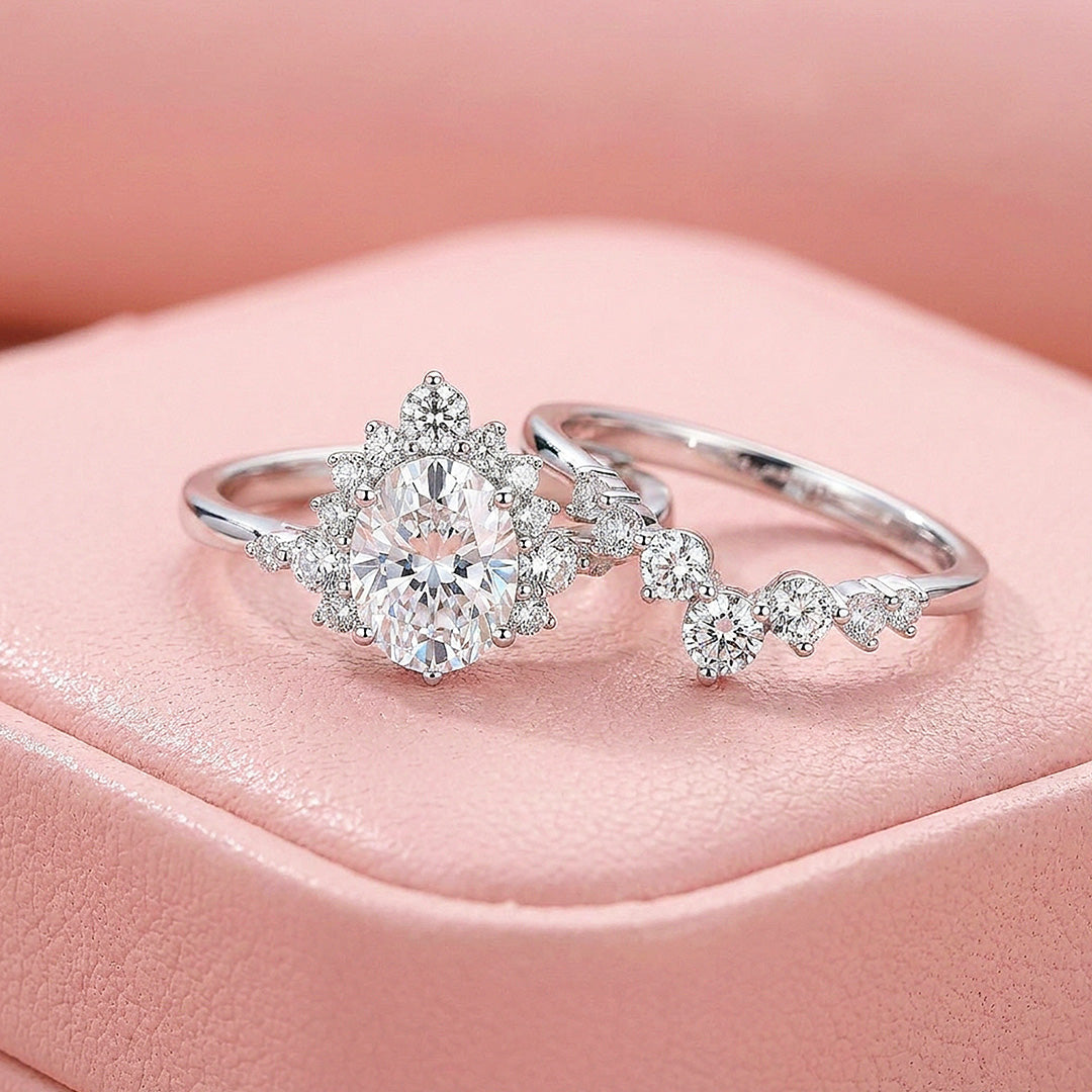 Pear-Halo Moissanite Engagement Ring Set of 2 | 925 Silver | PRM7200