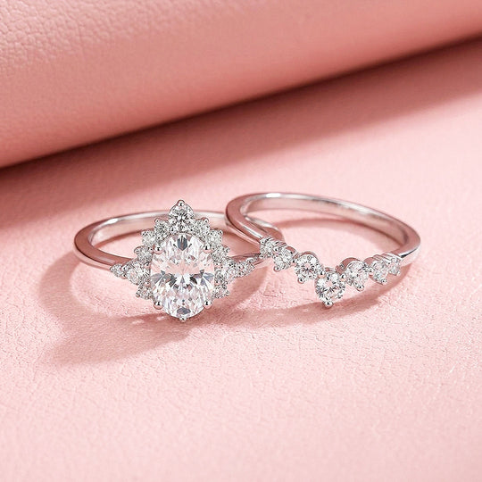 Pear-Halo Moissanite Engagement Ring Set of 2 | 925 Silver | PRM7200
