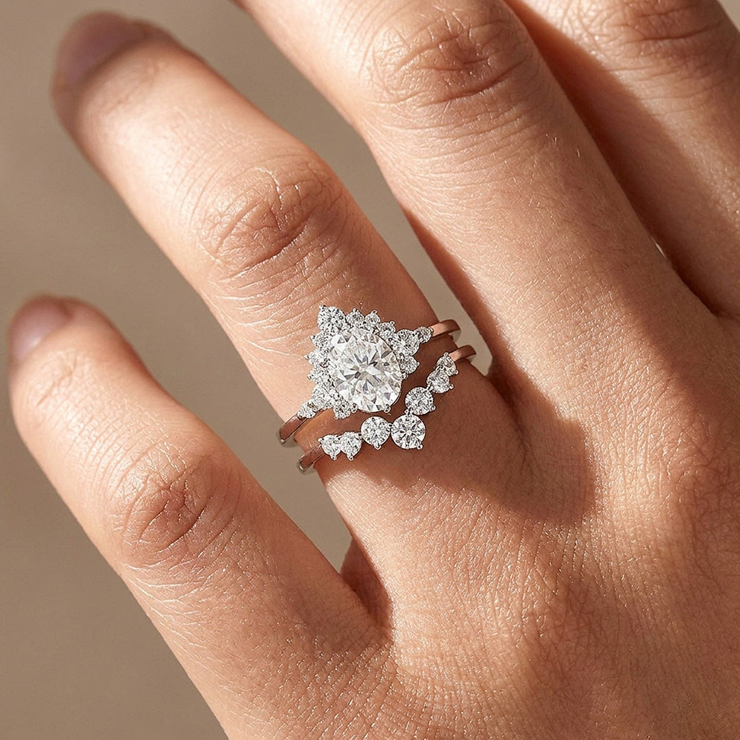 Pear-Halo Moissanite Engagement Ring Set of 2 | 925 Silver | PRM7200