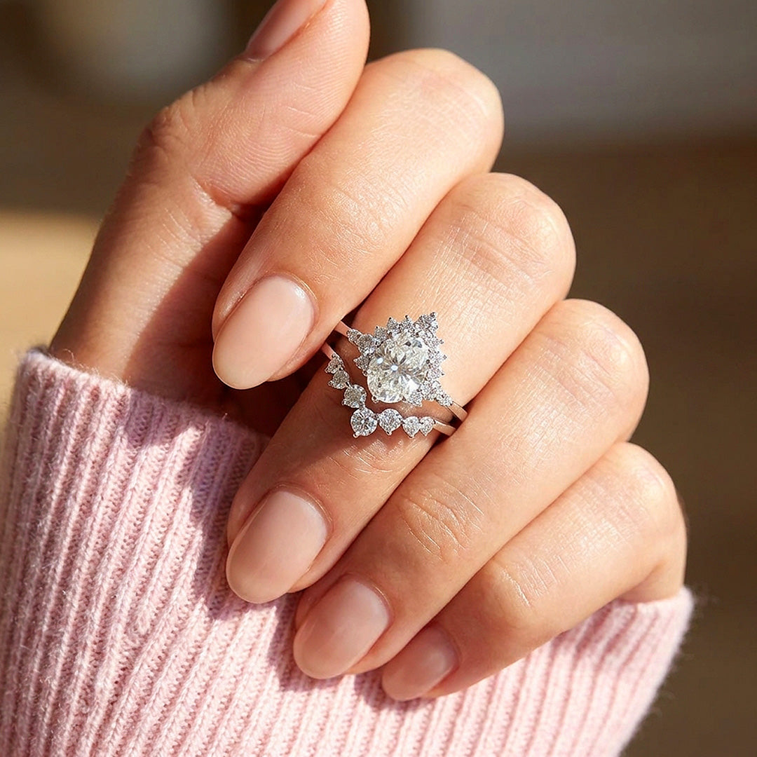 Pear-Halo Moissanite Engagement Ring Set of 2 | 925 Silver | PRM7200