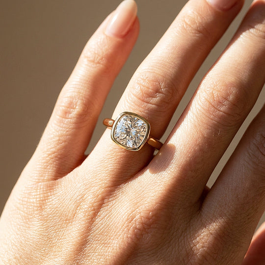 Cushion Moissanite Bezel Solitaire Ring | 925 Sterling Silver | PRM7216