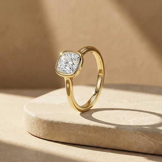 Cushion Moissanite Bezel Solitaire Ring | 925 Sterling Silver | PRM7216