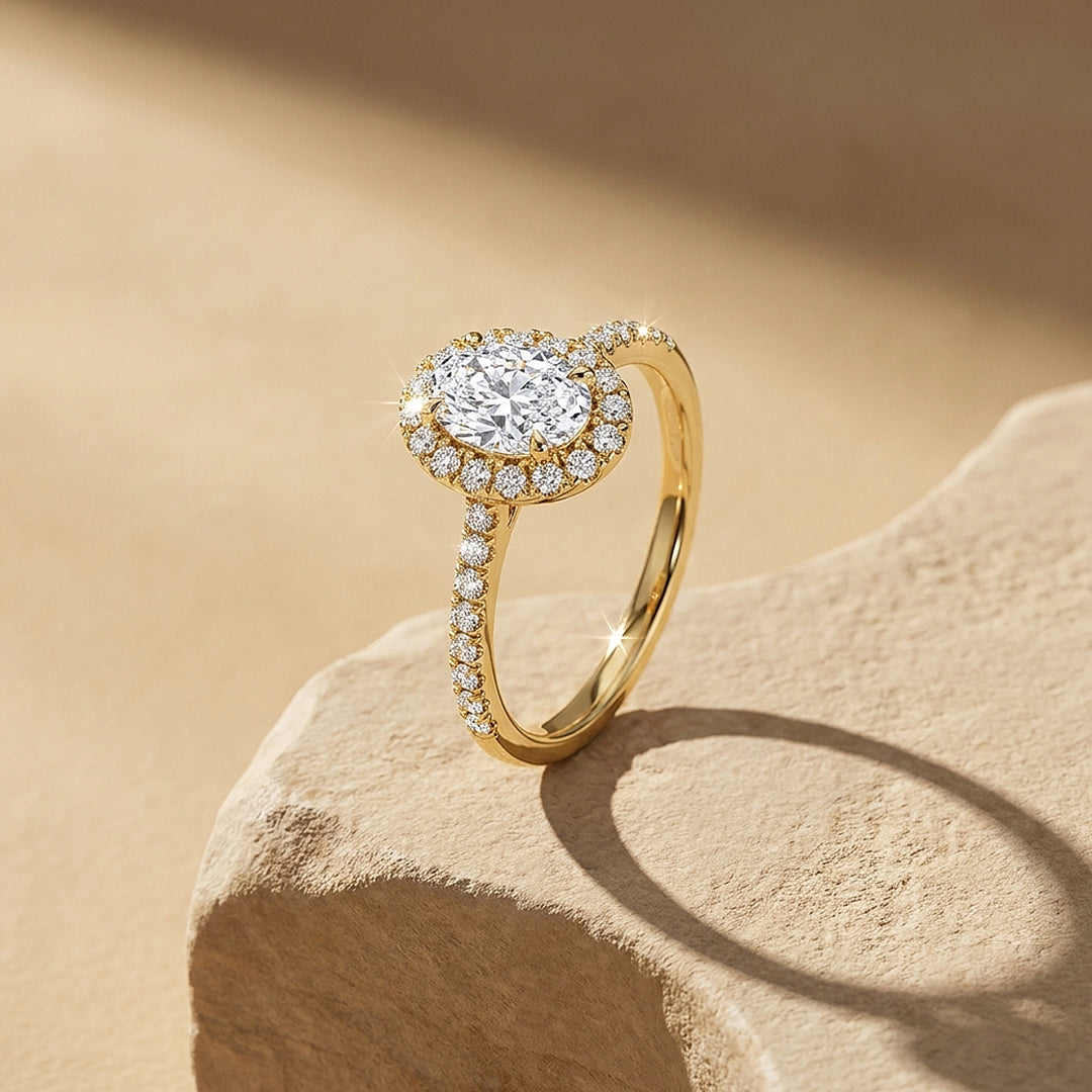 Oval Moissanite Halo Ring | 925 Sterling Silver | PRM7219