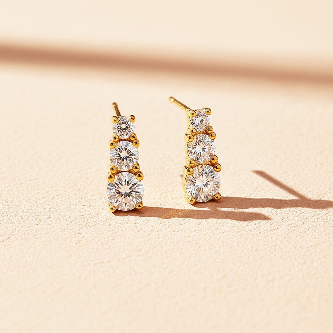 Graduated Triple Solitaire Stud Earrings | Moissanite | 14K Gold Plated 925 Sterling Silver | Prm8124