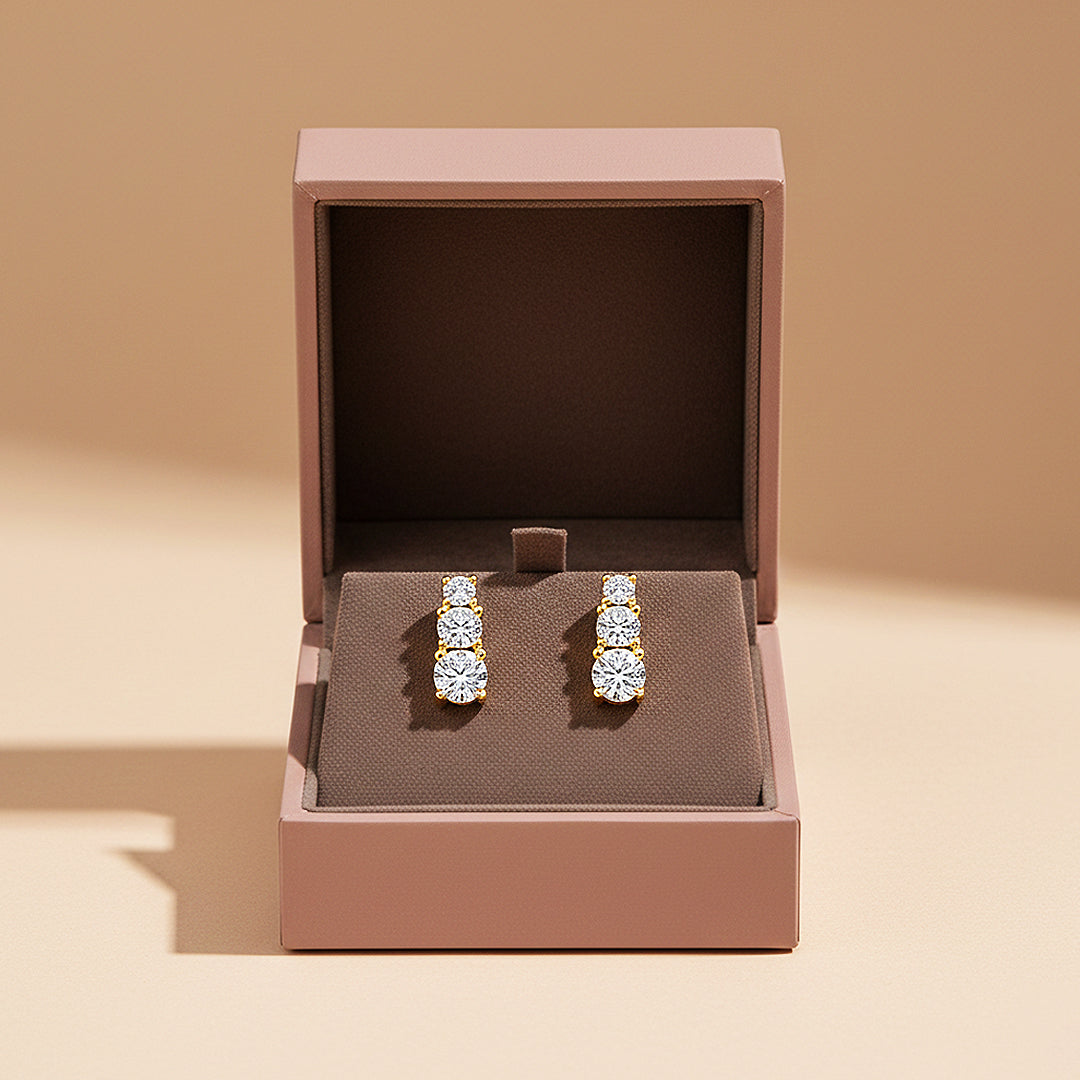 Graduated Triple Solitaire Stud Earrings | Moissanite | 14K Gold Plated 925 Sterling Silver | Prm8124