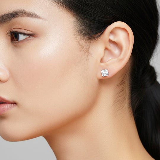 Square Halo Cluster Stud Earrings | Moissanite | 14K Gold Plated 925 Sterling Silver | Prm8125