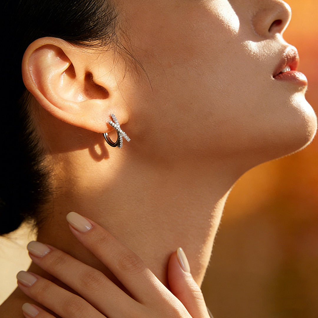 Crisscross X-Halo Huggie Earrings | Moissanite | 14K Gold Plated 925 Sterling Silver | Prm8134 - Earrings | Singapore Jewellery, Wedding Rings & Gifts | Same Day Delivery | Tiara.com.sg