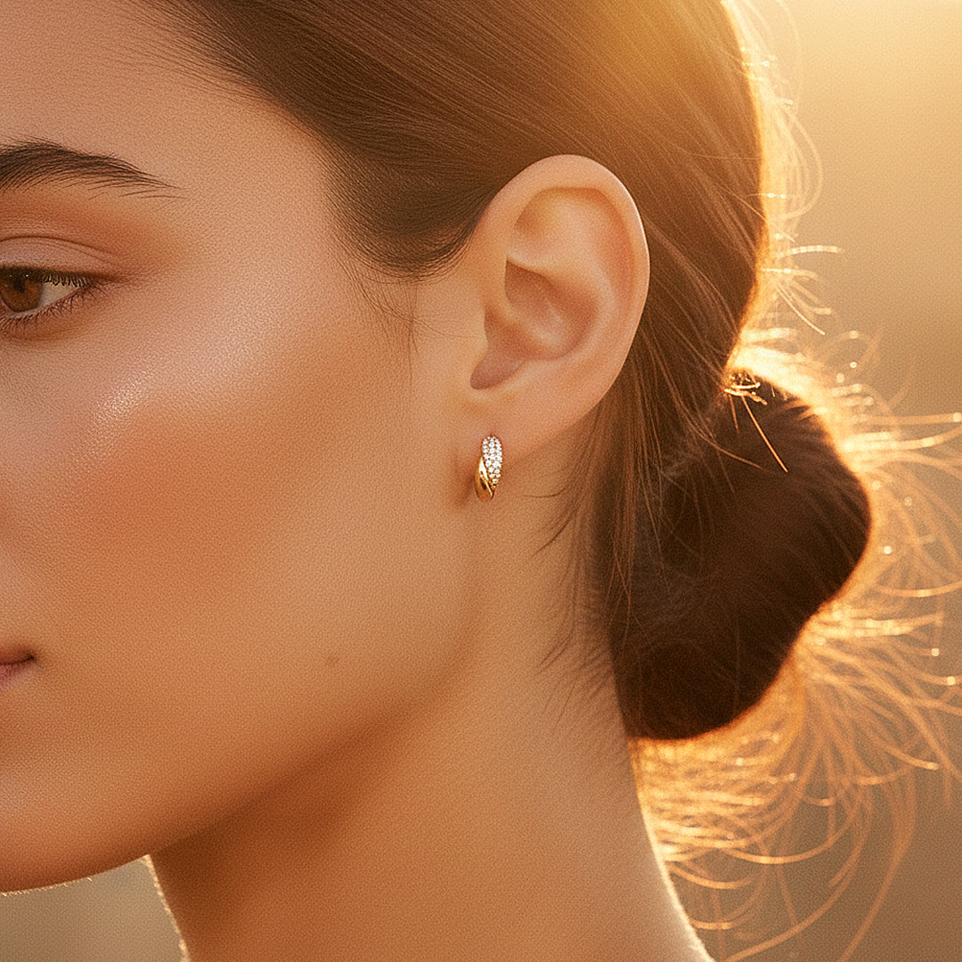 Twisted Pavé Duo Huggie Earrings | Moissanite | 14K Gold Plated 925 Sterling Silver | Prm8136 - Earrings | Singapore Jewellery, Wedding Rings & Gifts | Same Day Delivery | Tiara.com.sg