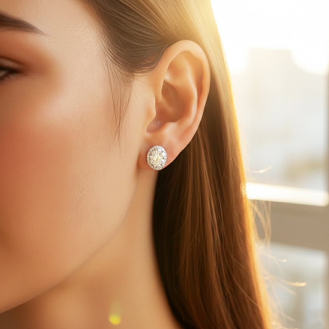 Oval Double Halo Stud Earrings | Moissanite | 925 Sterling Silver | Prm8137 - Earrings | Singapore Jewellery, Wedding Rings & Gifts | Same Day Delivery | Tiara.com.sg