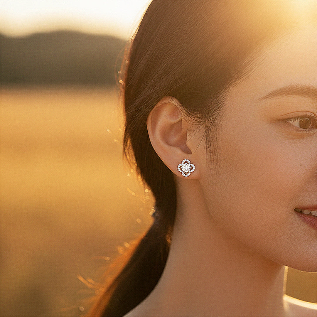 Clover Halo Stud Earrings | Moissanite | 925 Sterling Silver | Prm8141 - Earrings | Singapore Jewellery, Wedding Rings & Gifts | Same Day Delivery | Tiara.com.sg