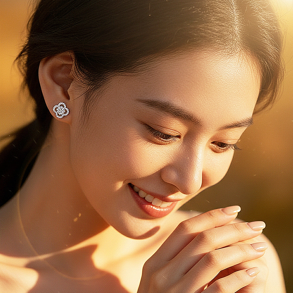 Clover Halo Stud Earrings | Moissanite | 925 Sterling Silver | Prm8141 - Earrings | Singapore Jewellery, Wedding Rings & Gifts | Same Day Delivery | Tiara.com.sg