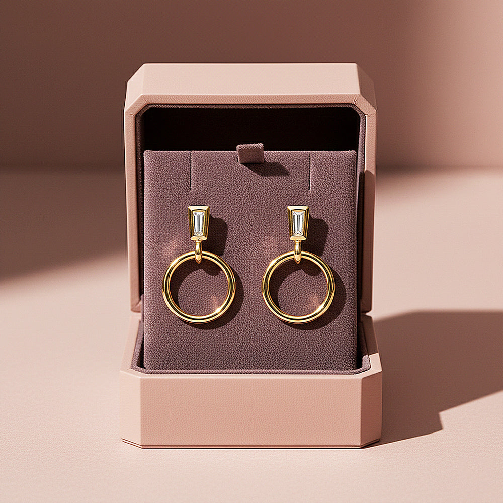 Baguette & Hoop Drop Earrings | Diamond Simulant | 14K Gold Plated 925 Sterling Silver | Prm8142 - Earrings | Singapore Jewellery, Wedding Rings & Gifts | Same Day Delivery | Tiara.com.sg