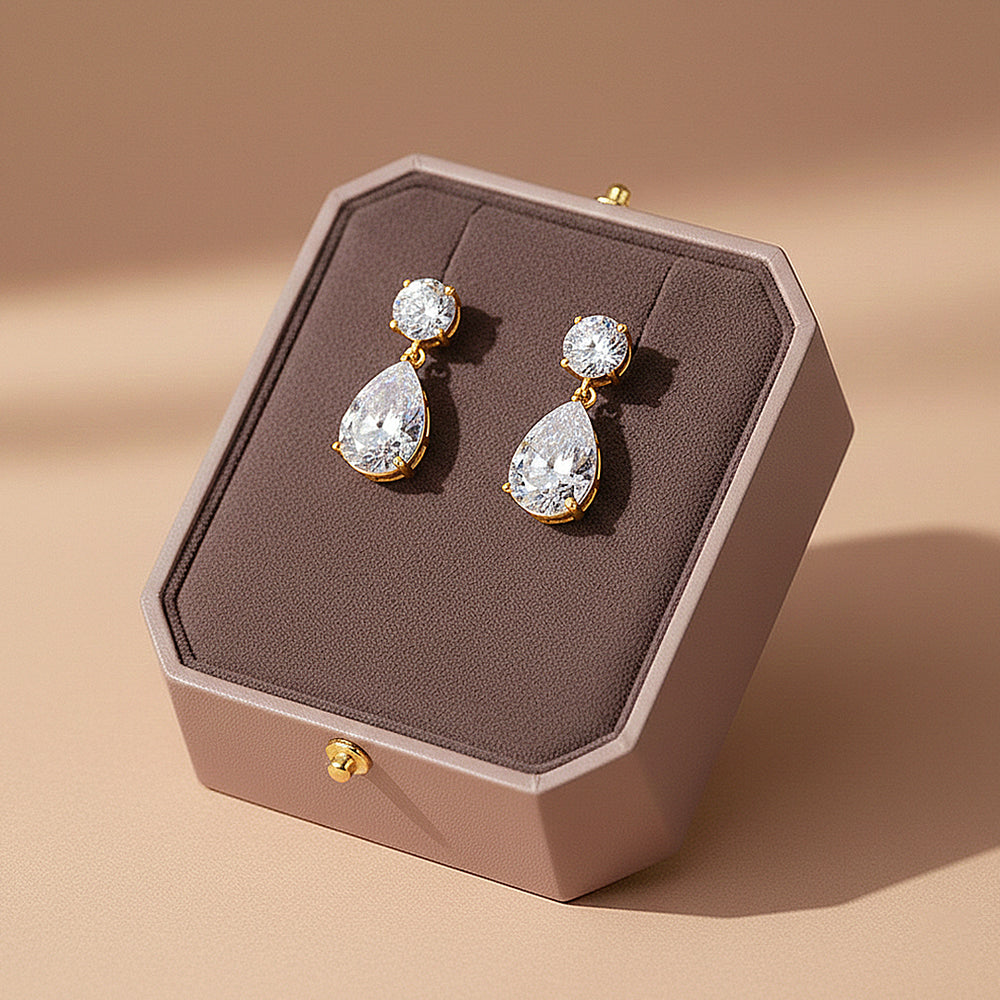 Teardrop Solitaire Drop Earrings | Moissanite | 14K Gold Plated 925 Sterling Silver | Prm8148 - Earrings | Singapore Jewellery, Wedding Rings & Gifts | Same Day Delivery | Tiara.com.sg