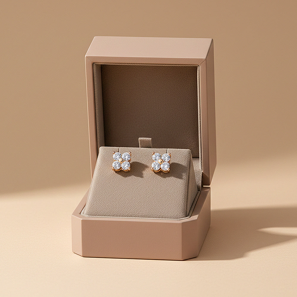 Four-Leaf Clover Stud Earrings | Moissanite | 14K Gold Plated 925 Sterling Silver | Prm8150 - Earrings | Singapore Jewellery, Wedding Rings & Gifts | Same Day Delivery | Tiara.com.sg