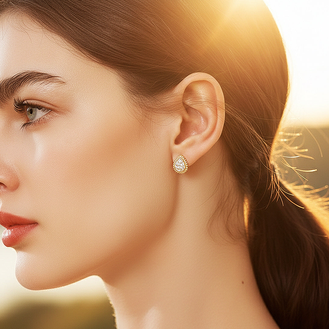 Pear Halo Stud Earrings | Moissanite | 14K Gold Plated 925 Sterling Silver | Prm8160 - Earrings | Singapore Jewellery, Wedding Rings & Gifts | Same Day Delivery | Tiara.com.sg