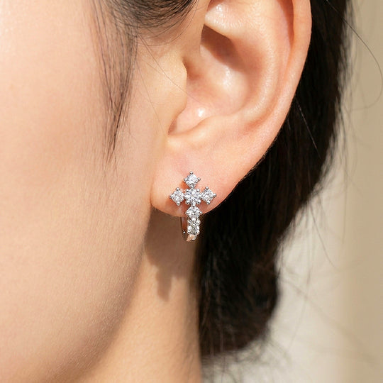 Moissanite Cross Hoop Earrings | 925 Sterling Silver | PRM8164