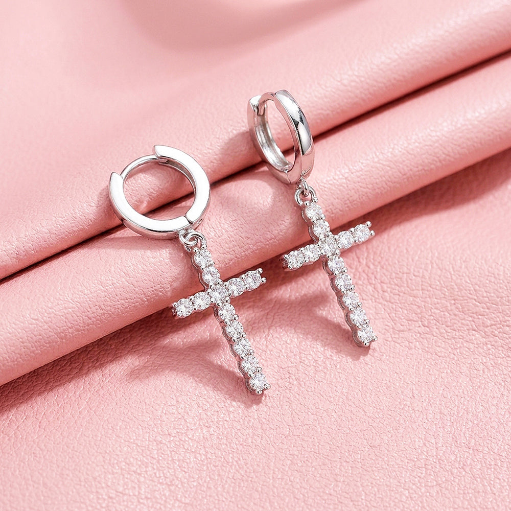 Moissanite Cross Charm Hoop Earrings | 925 Sterling Silver | PRM8166