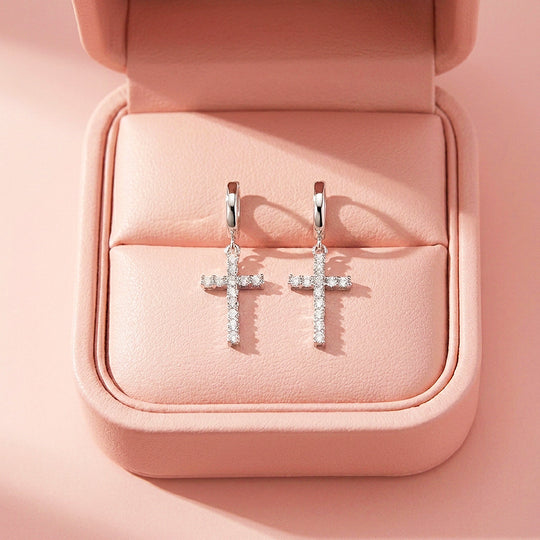 Moissanite Cross Charm Hoop Earrings | 925 Sterling Silver | PRM8166
