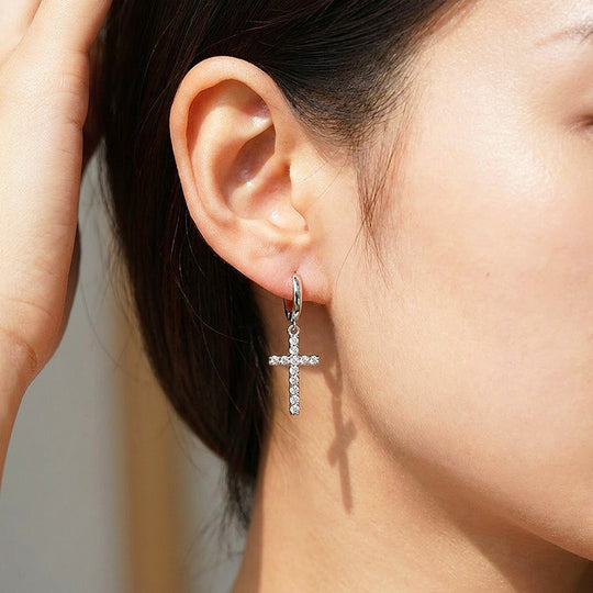 Moissanite Cross Charm Hoop Earrings | 925 Sterling Silver | PRM8166