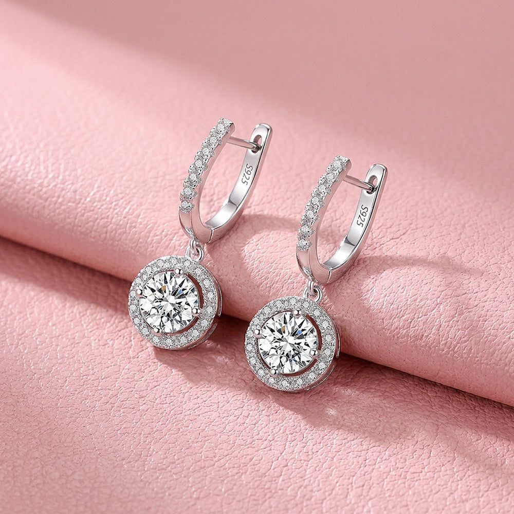 Round Halo Drop Moissanite Earrings | 925 Sterling Silver | PRM8172