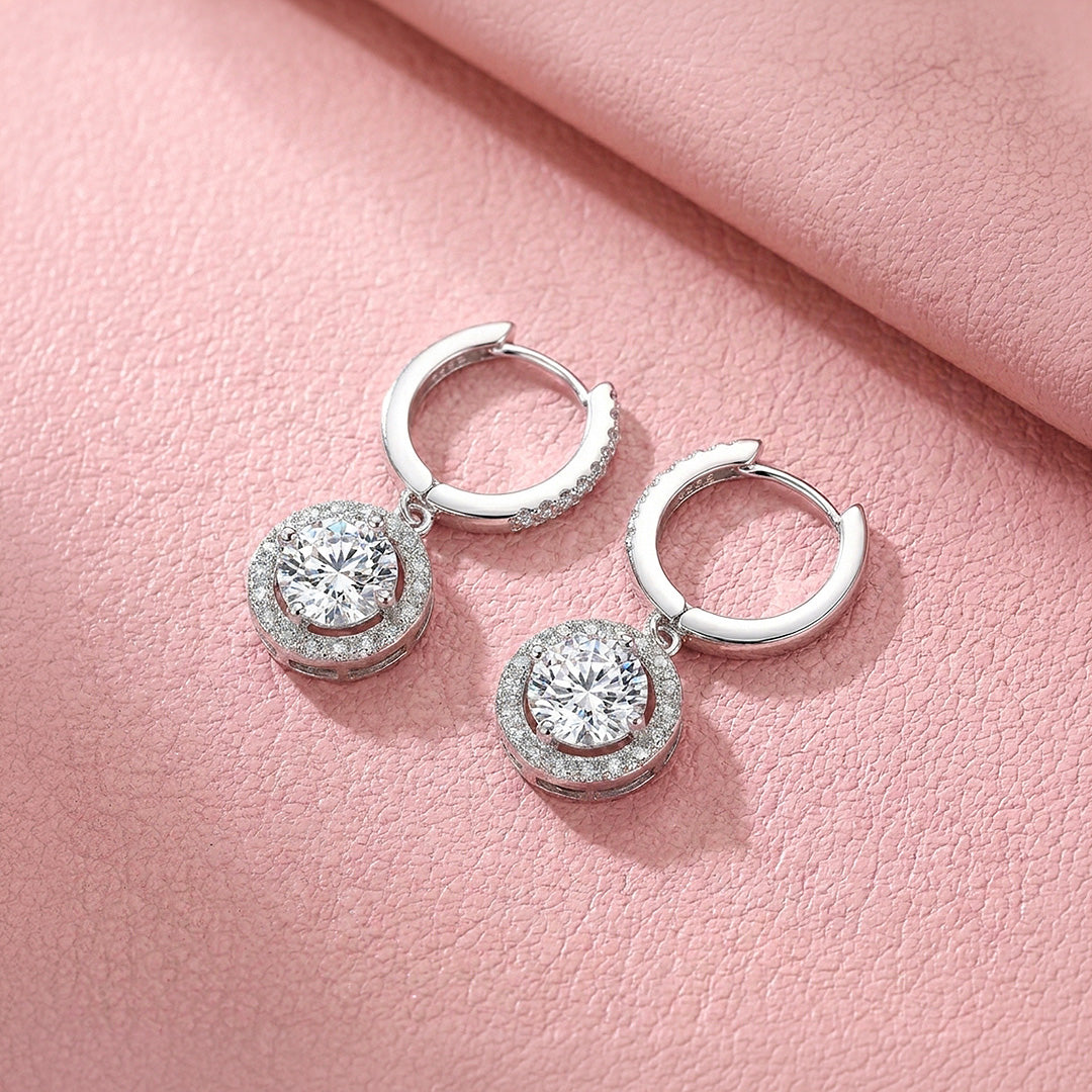 Round Halo Drop Moissanite Earrings | 925 Sterling Silver | PRM8172