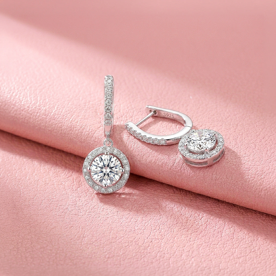 Round Halo Drop Moissanite Earrings | 925 Sterling Silver | PRM8172