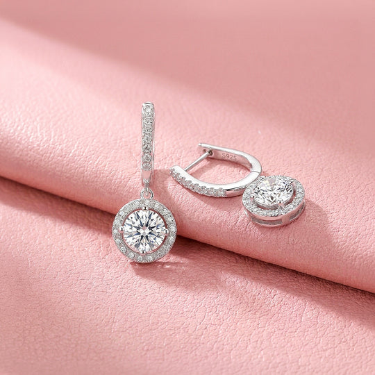 Round Halo Drop Moissanite Earrings | 925 Sterling Silver | PRM8172