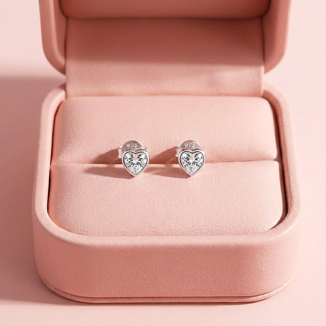 Bezel Heart Moissanite Stud Earrings | 925 Sterling Silver | PRM8182