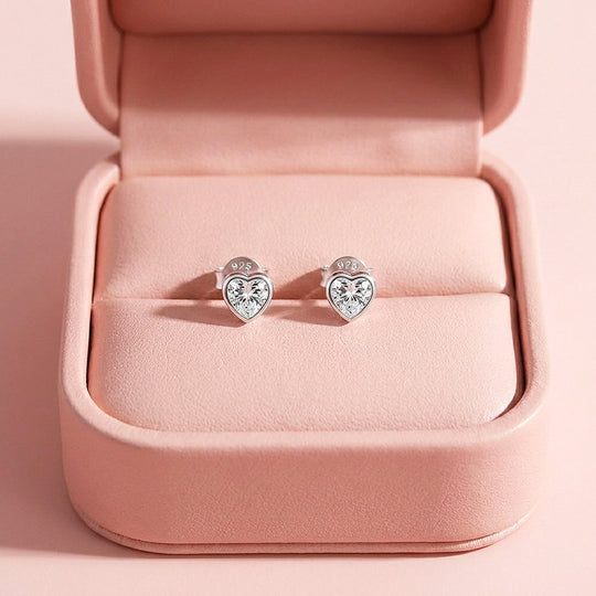 Bezel Heart Moissanite Stud Earrings | 925 Sterling Silver | PRM8182