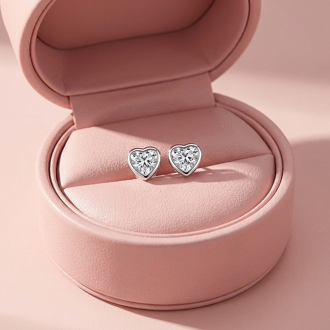 Bezel Heart Moissanite Stud Earrings | 925 Sterling Silver | PRM8182