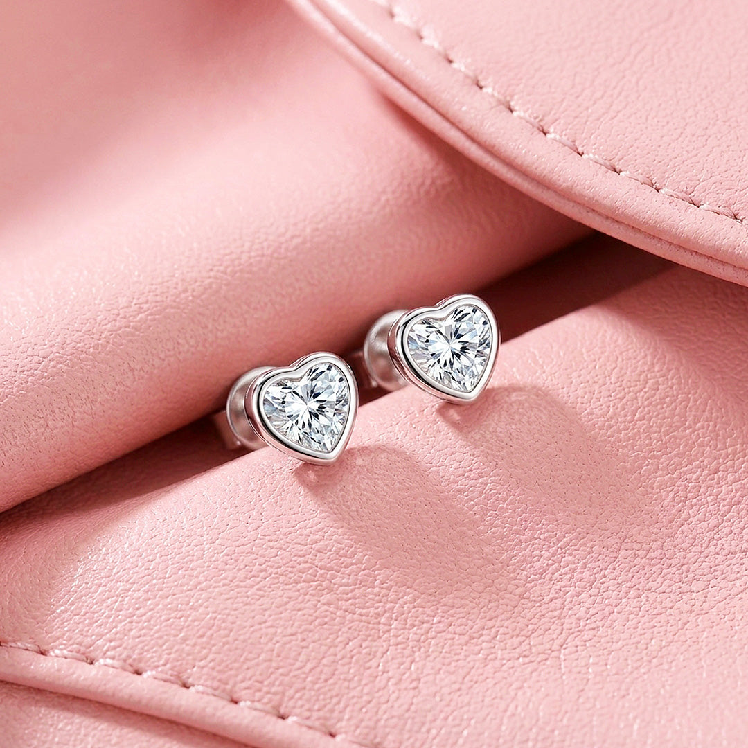 Bezel Heart Moissanite Stud Earrings | 925 Sterling Silver | PRM8182