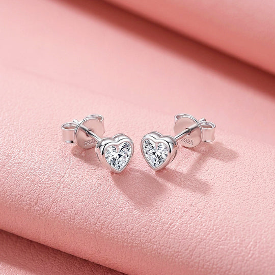 Bezel Heart Moissanite Stud Earrings | 925 Sterling Silver | PRM8182