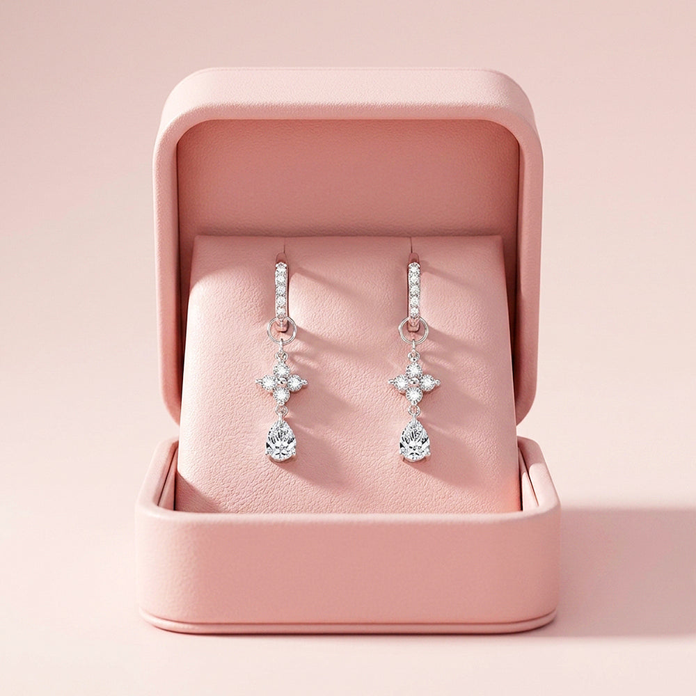 Pear Cut Flower Drop Earrings | Moissanite | 925 Sterling Silver | Prm8183