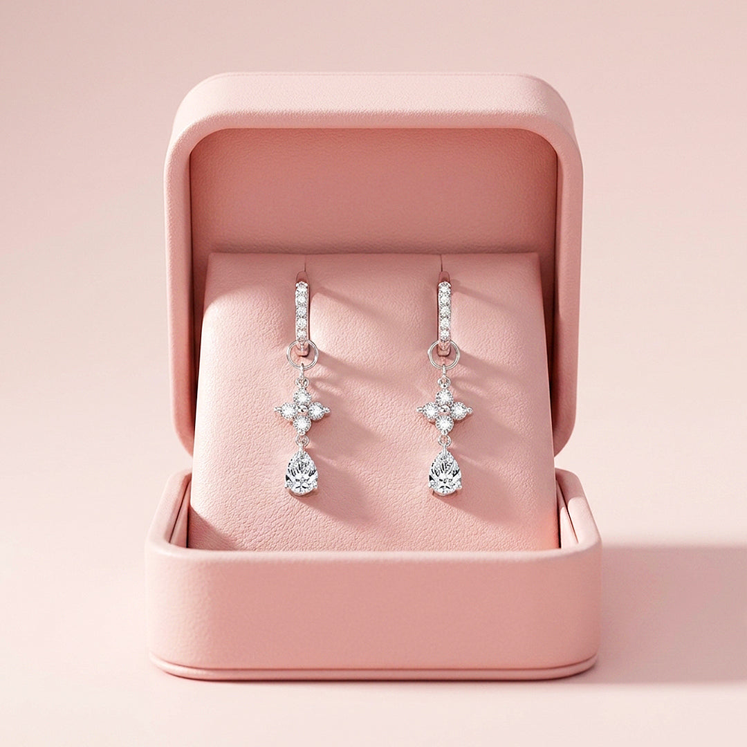 Pear Cut Flower Drop Earrings | Moissanite | 925 Sterling Silver | Prm8183