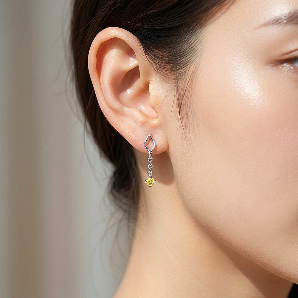 Round Brilliant Yellow Moissanite Twist Drop Earrings | 925 Sterling Silver | Prm8187