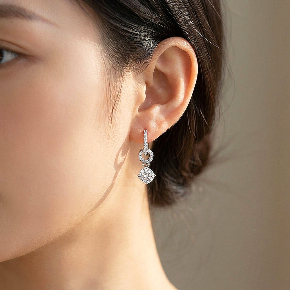 Round Solitaire Drop Huggie Earrings | Moissanite | 925 Sterling Silver | Prm8189