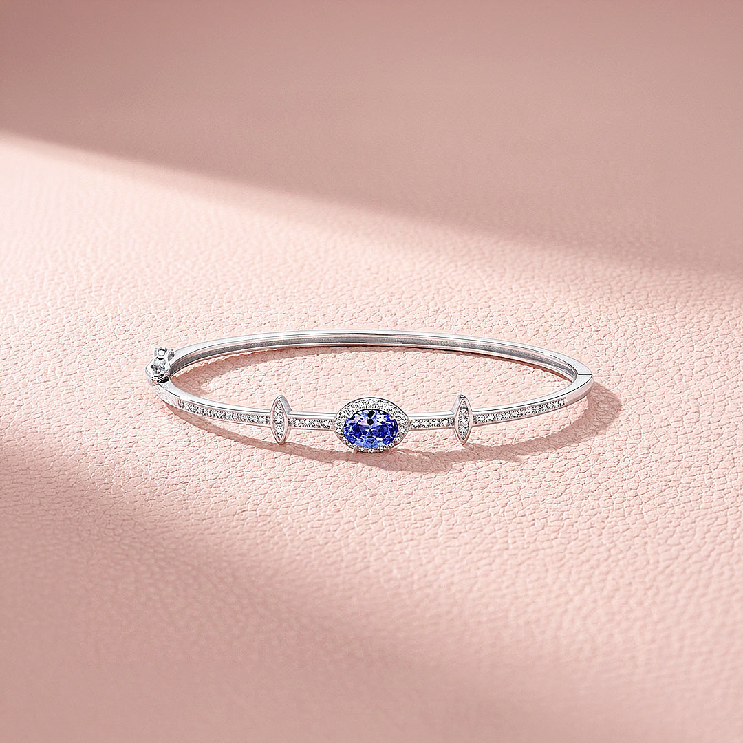 Sapphire Blue Oval Halo Bangle | Diamond Simulant | Prm9118