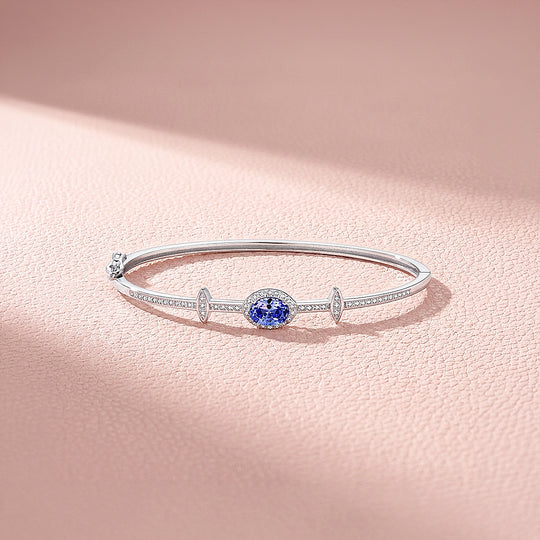 Sapphire Blue Oval Halo Bangle | Diamond Simulant | Prm9118