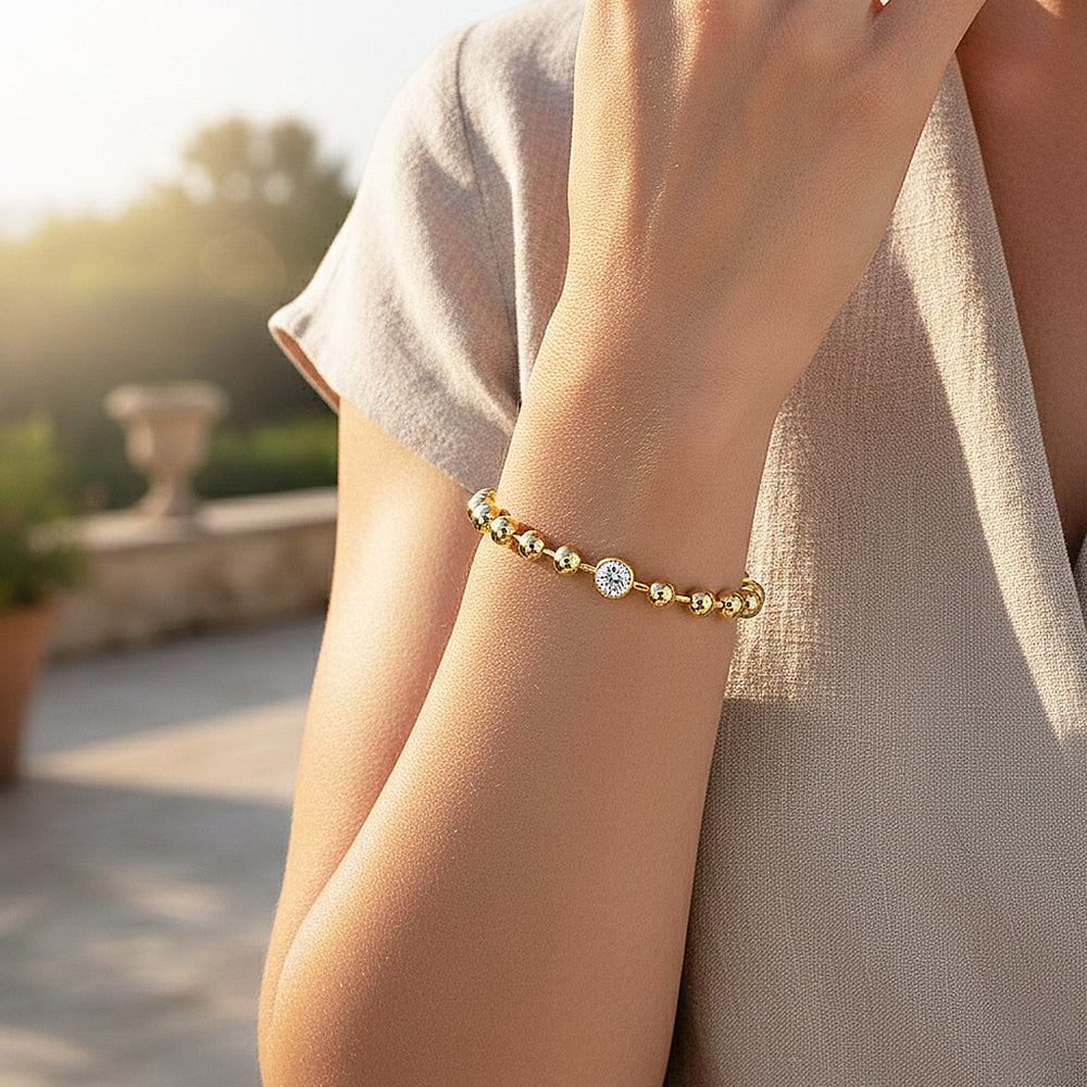 Bezel Gold Bead Bracelet | Moissanite | Prm9170 - Bracelets | Singapore Jewellery, Wedding Rings & Gifts | Same Day Delivery | Tiara.com.sg